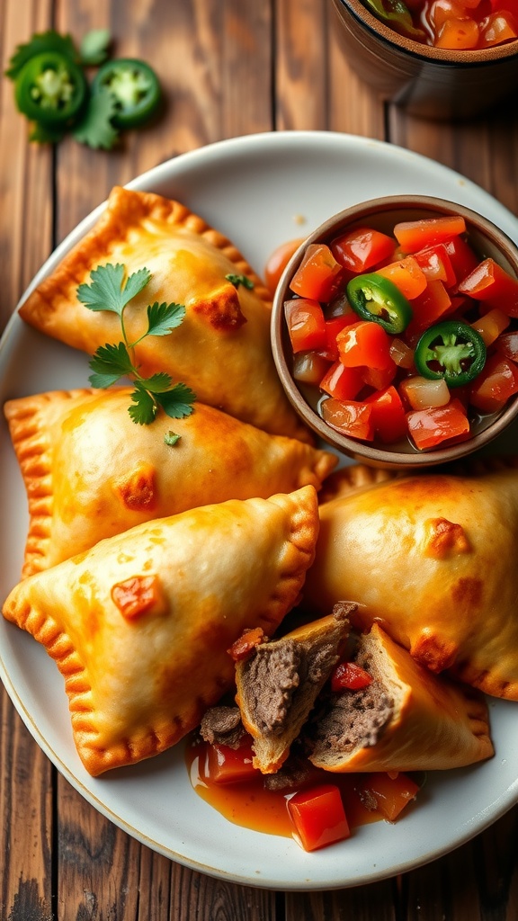 Baked brisket empanadas on a plate with spicy salsa and cilantro garnish.